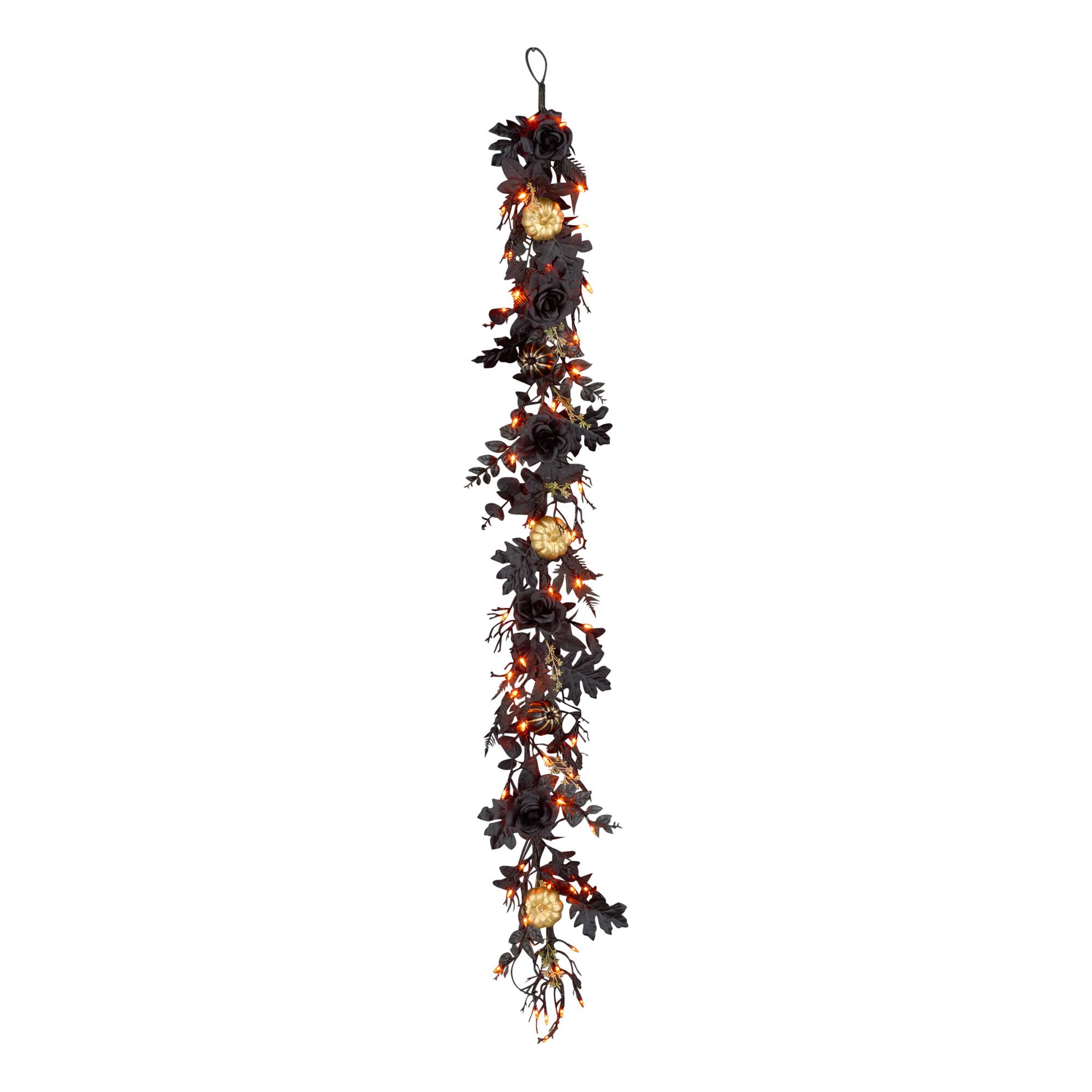6ft. Chic Eek Black & Gold Halloween Pumpkin & Flower Pre-Lit LED Garland